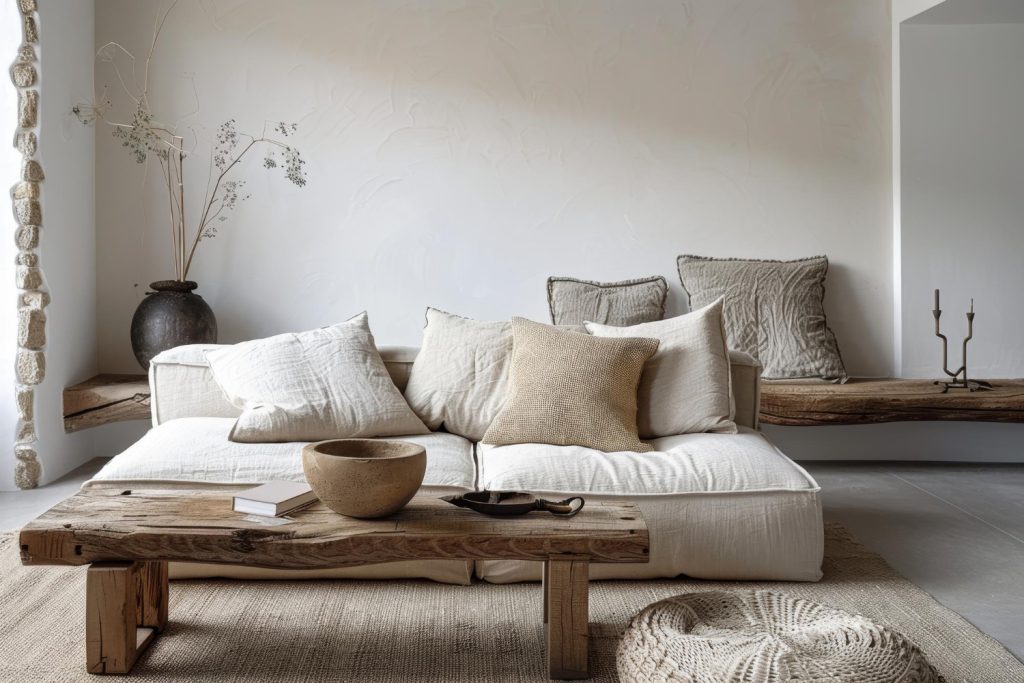 Monochromatyczne wnętrze japandi