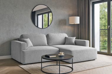 Narożnik z funkcją spania Sunny prawy L-kształtny z pojemnikiem na pościel jasnoszary welur