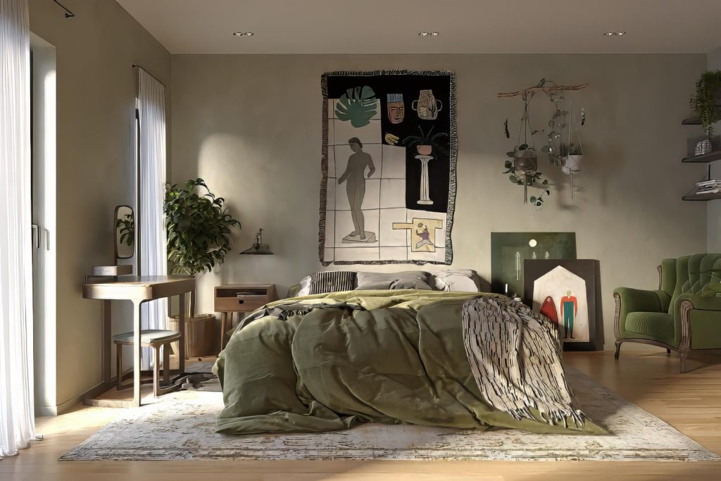 Stylowa sypialnia w kolorach zieleni