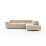 Narożnik z funkcją spania Avesta prawy L-kształtny z pojemnikiem na pościel kremowa plecionka szenilowa