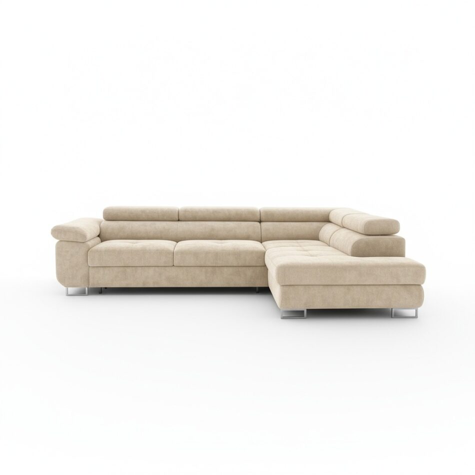 Narożnik z funkcją spania Avesta prawy L-kształtny z pojemnikiem na pościel kremowa plecionka szenilowa