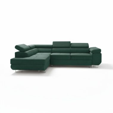 Narożnik z funkcją spania Avesta lewy L-kształtny z regulowanymi zagłówkami butelkowa zieleń welur