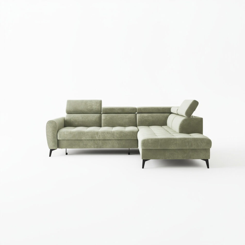 Narożnik z funkcją spania Bjorn L prawy z regulowanymi zagłówkami beżowy welur