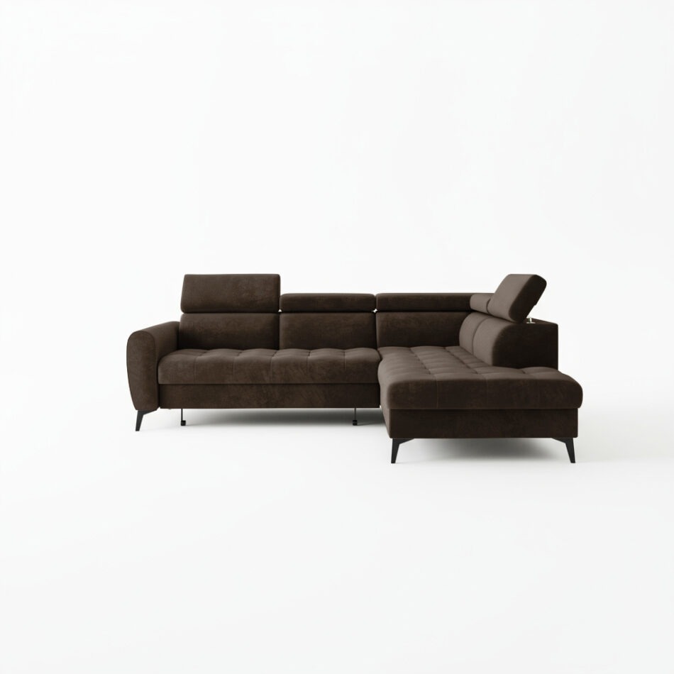 Narożnik z funkcją spania Bjorn L prawy z regulowanymi zagłówkami brązowy welur