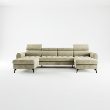 Narożnik z funkcją spania Bjorn U-kształtny z pojemnikiem na pościel beżowy welur