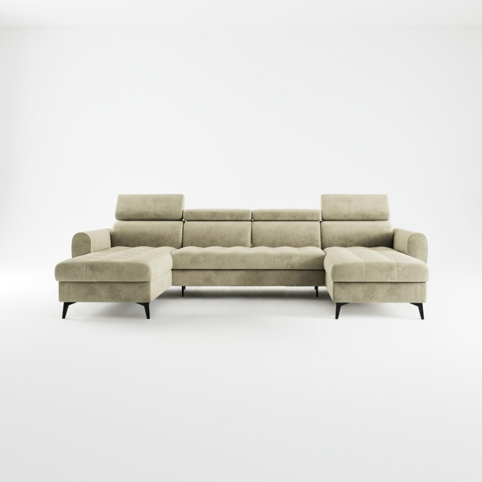 Narożnik z funkcją spania Bjorn U-kształtny z pojemnikiem na pościel beżowy welur