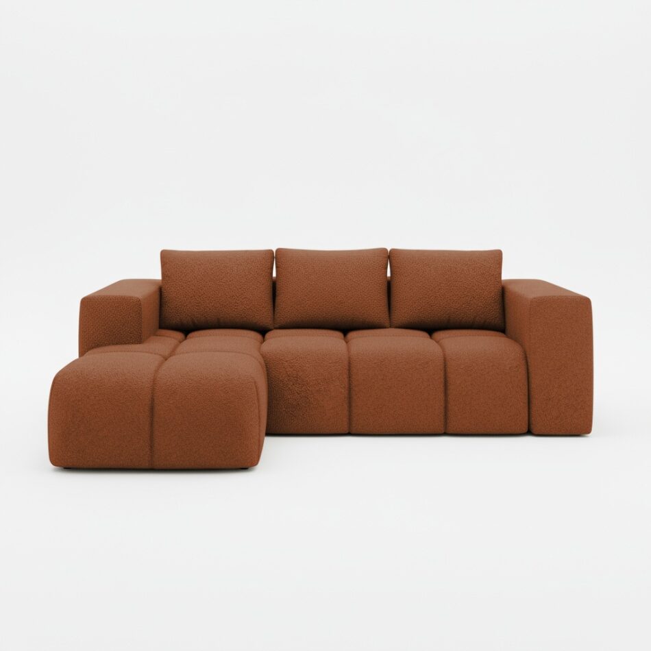 Narożnik z funkcją spania Flavio prawy L-kształtny z pojemnikiem na pościel miedziana plecionka