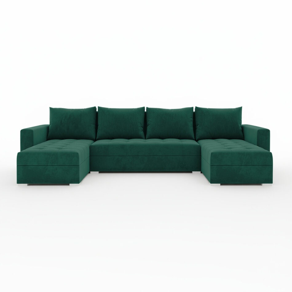Narożnik z funkcją spania Forset U-kształtny z pojemnikiem na pościel butelkowa zieleń welur