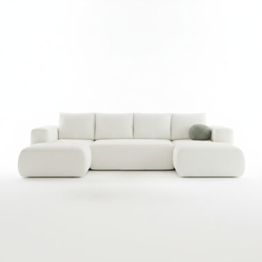 Narożnik z funkcją spania Lambi U-kształtny z pojemnikiem na pościel kremowy boucle