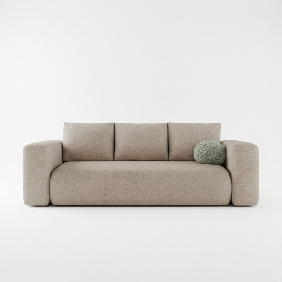 Kanapa z funkcją spania Lambi z pojemnikiem na pościel beżowa boucle