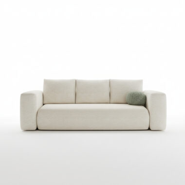 Kanapa z funkcją spania Lambi z pojemnikiem na pościel ciemnokremowa boucle