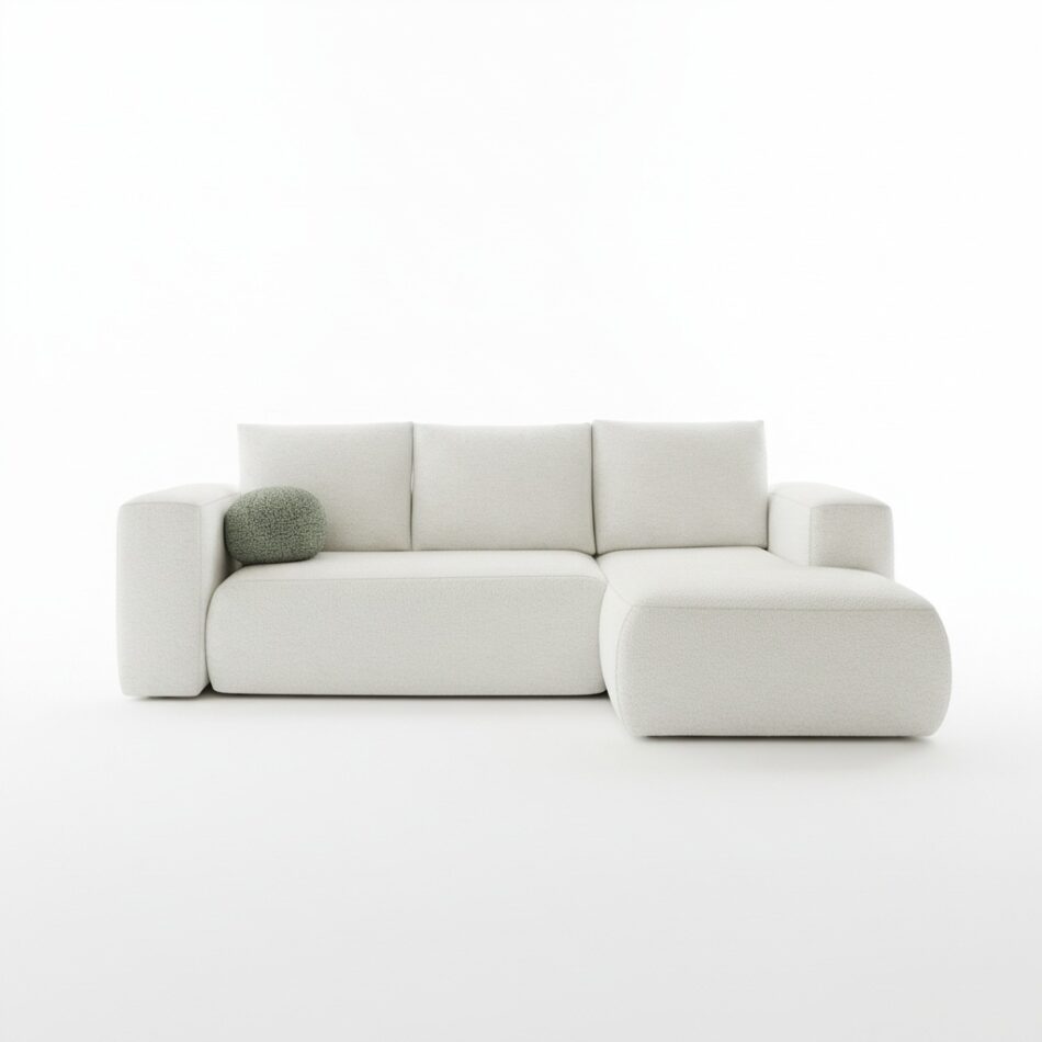 Narożnik z funkcją spania Lambi prawy L-kształtny z pojemnikiem na pościel kremowy boucle