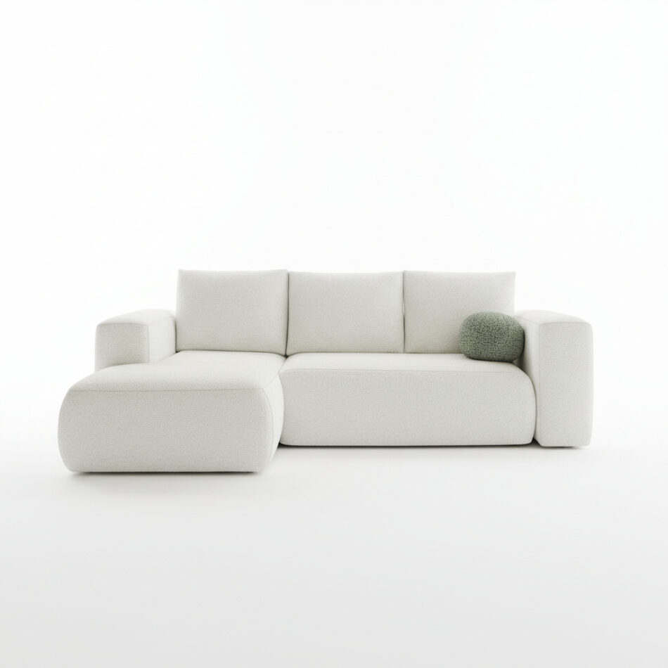 Narożnik z funkcją spania Lambi lewy L-kształtny z pojemnikiem na pościel kremowy boucle