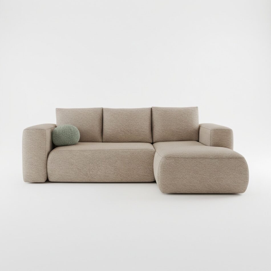 Narożnik z funkcją spania Lambi prawy L-kształtny z pojemnikiem na pościel beżowy boucle