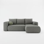 Narożnik z funkcją spania Lambi prawy L-kształtny z pojemnikiem na pościel szary boucle