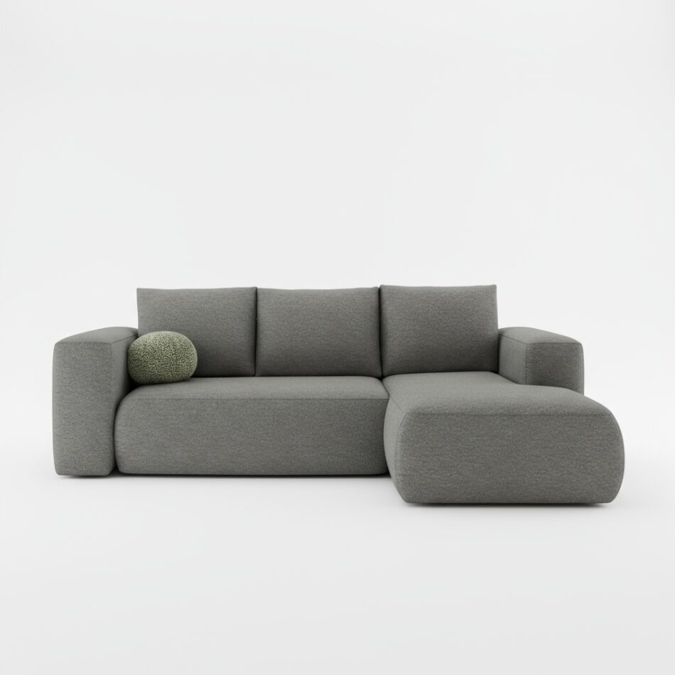 Narożnik z funkcją spania Lambi prawy L-kształtny z pojemnikiem na pościel szary boucle