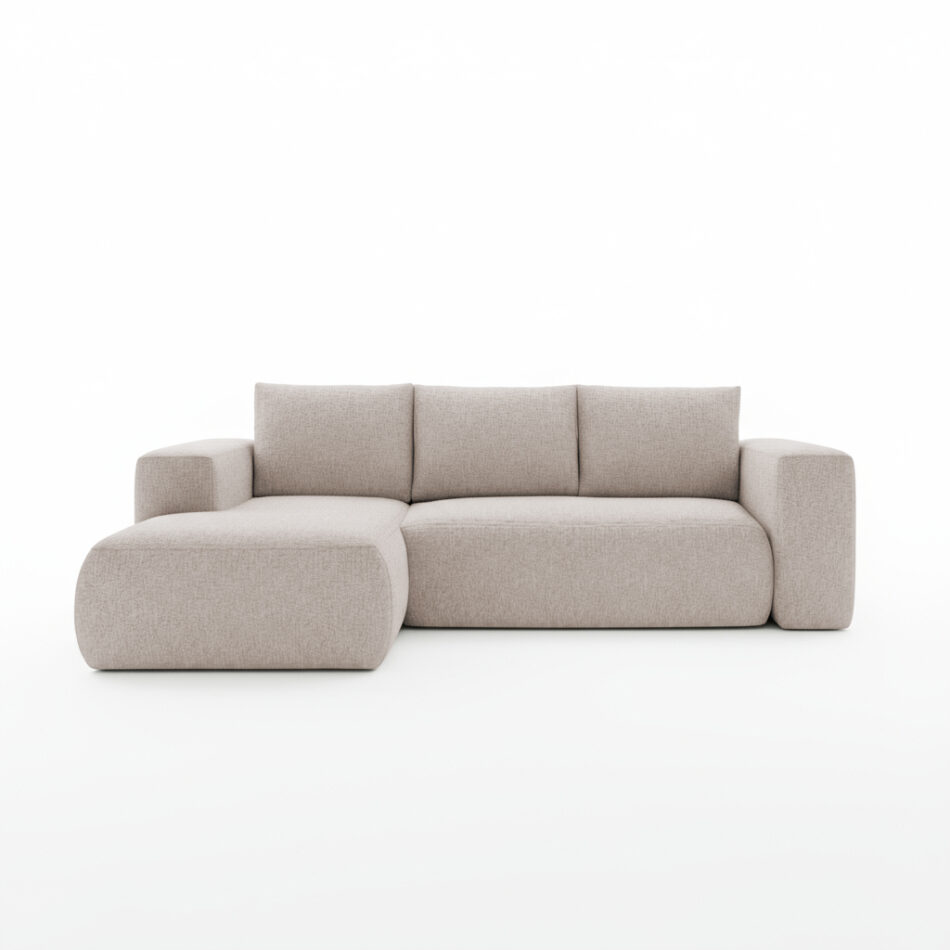 Narożnik z funkcją spania Lambi lewy L-kształtny z pojemnikiem na pościel beżowy szenil