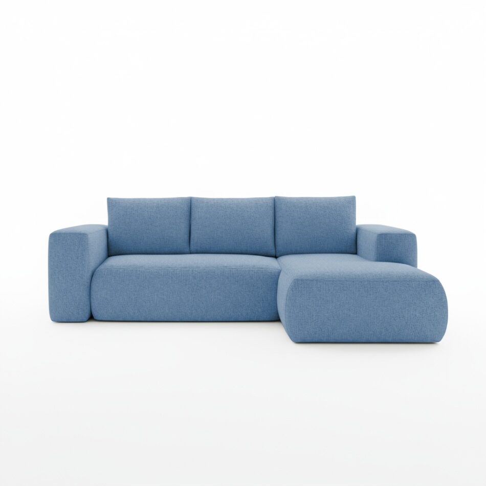 Narożnik z funkcją spania Lambi prawy L-kształtny z pojemnikiem na pościel niebieski szenil