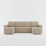 Narożnik z funkcją spania Mimir U-kształtny z pojemnikiem na pościel beżowy sztruks