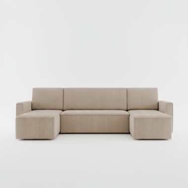 Narożnik z funkcją spania Mimir U-kształtny z pojemnikiem na pościel beżowy sztruks