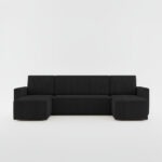 Narożnik z funkcją spania Mimir U-kształtny z pojemnikiem na pościel czarny sztruks