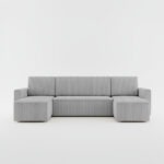 Narożnik z funkcją spania Mimir U-kształtny z pojemnikiem na pościel jasnoszary sztruks