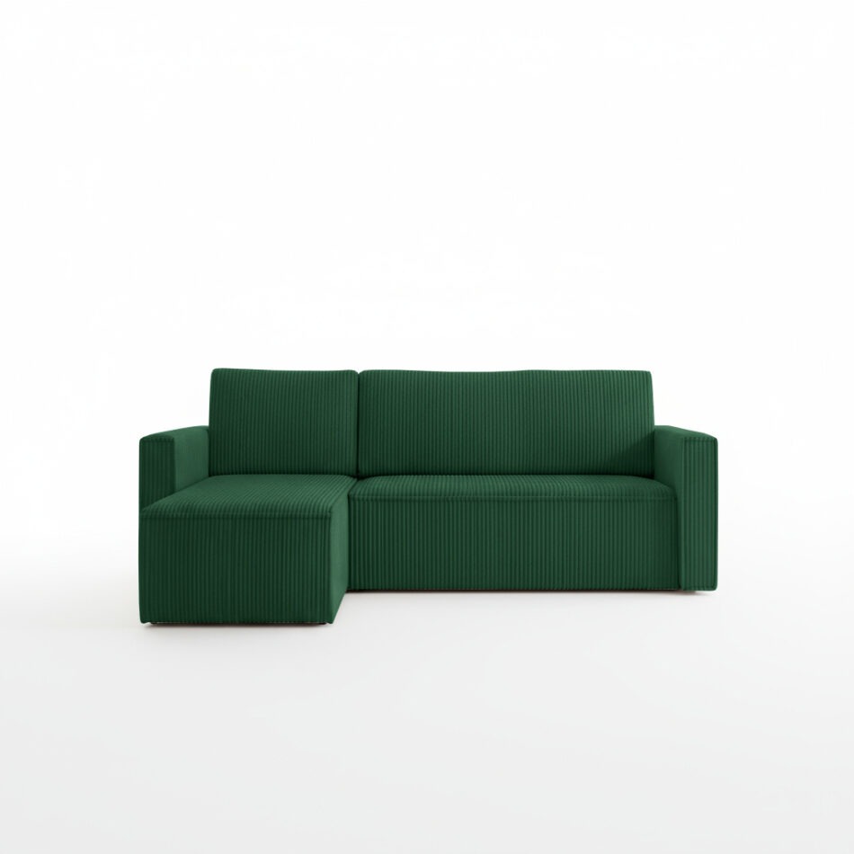 Narożnik z funkcją spania Mimir uniwersalny L-kształtny z pojemnikiem na pościel butelkowa zieleń sztruks