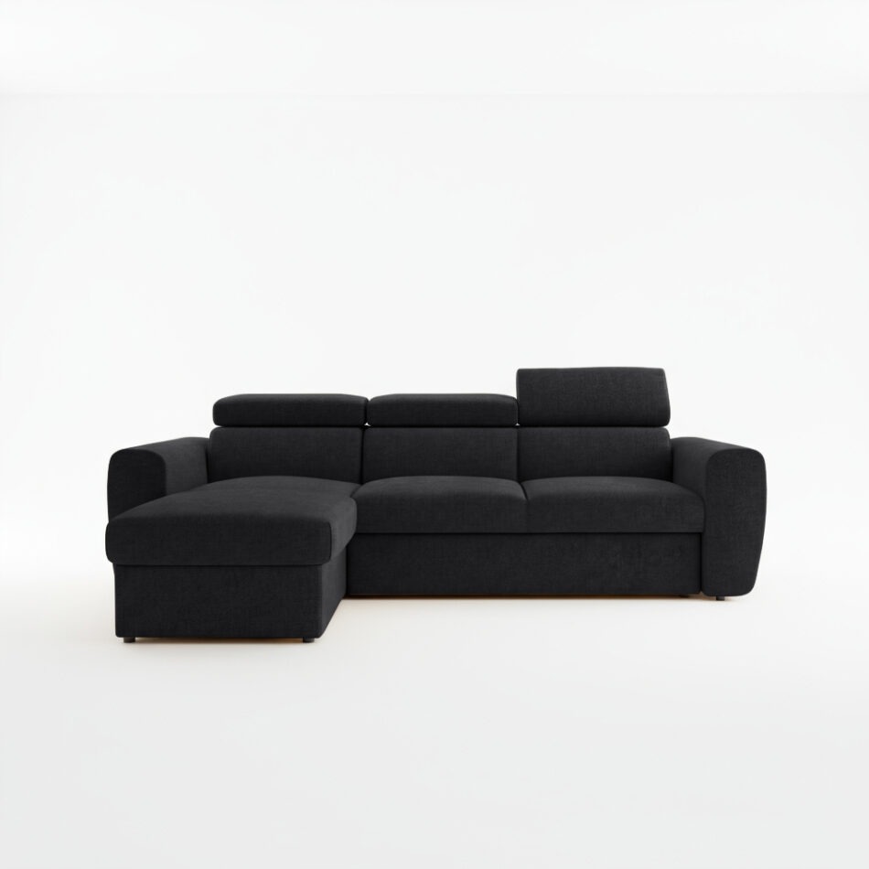 Narożnik z funkcją spania Napoli lewy L-kształtny z pojemnikiem na pościel czarny szenil