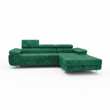 Narożnik z funkcją spania Norberg prawy L-kształtny z regulowanymi zagłówkami butelkowa zieleń welur