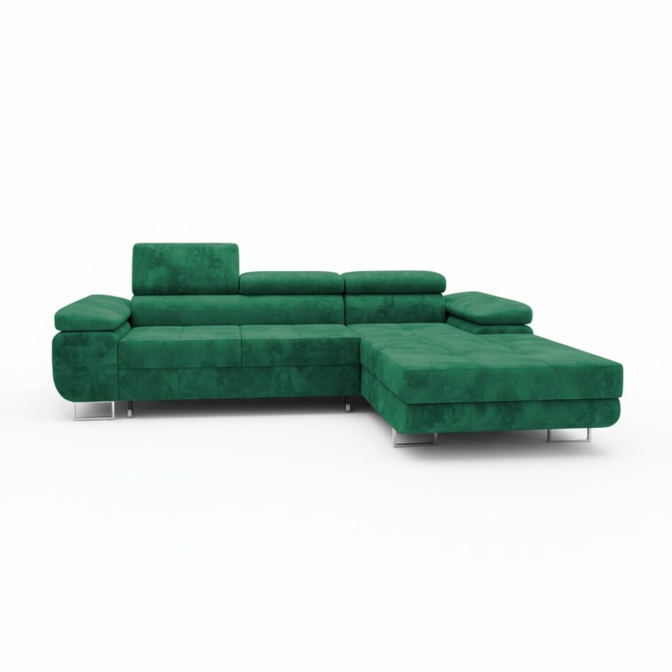 Narożnik z funkcją spania Norberg prawy L-kształtny z regulowanymi zagłówkami butelkowa zieleń welur