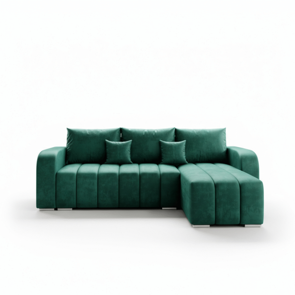 Narożnik z funkcją spania Pufetto uniwersalny L-kształtny z pojemnikiem na pościel butelkowa zieleń welur