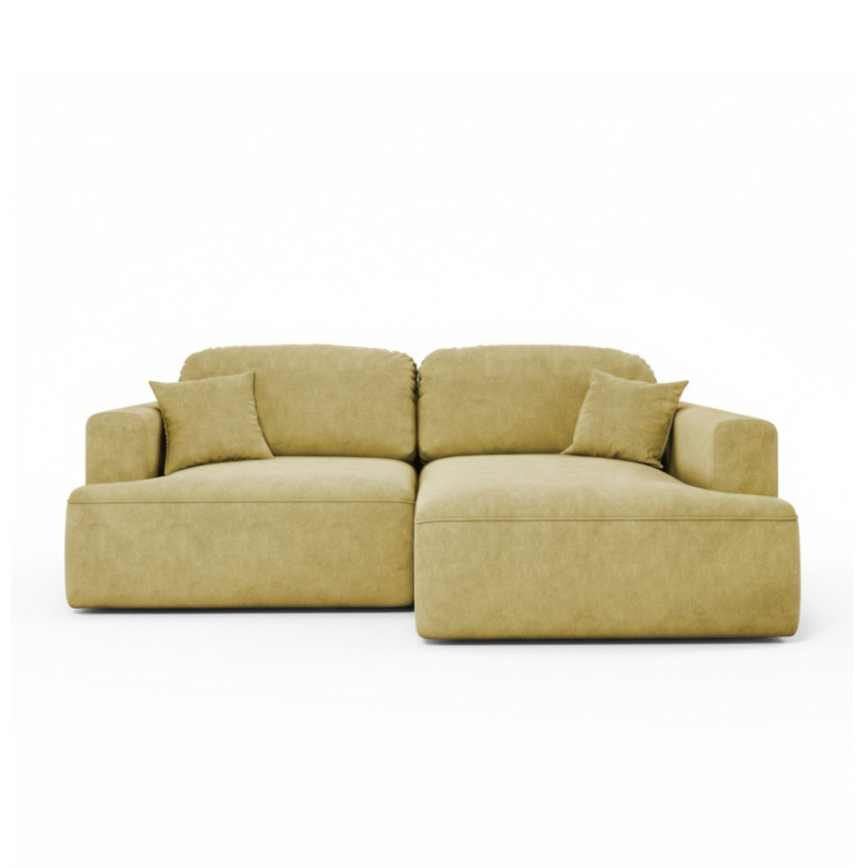 Narożnik z funkcją spania Sunny prawy L-kształtny z pojemnikiem na pościel jasnozielony welur