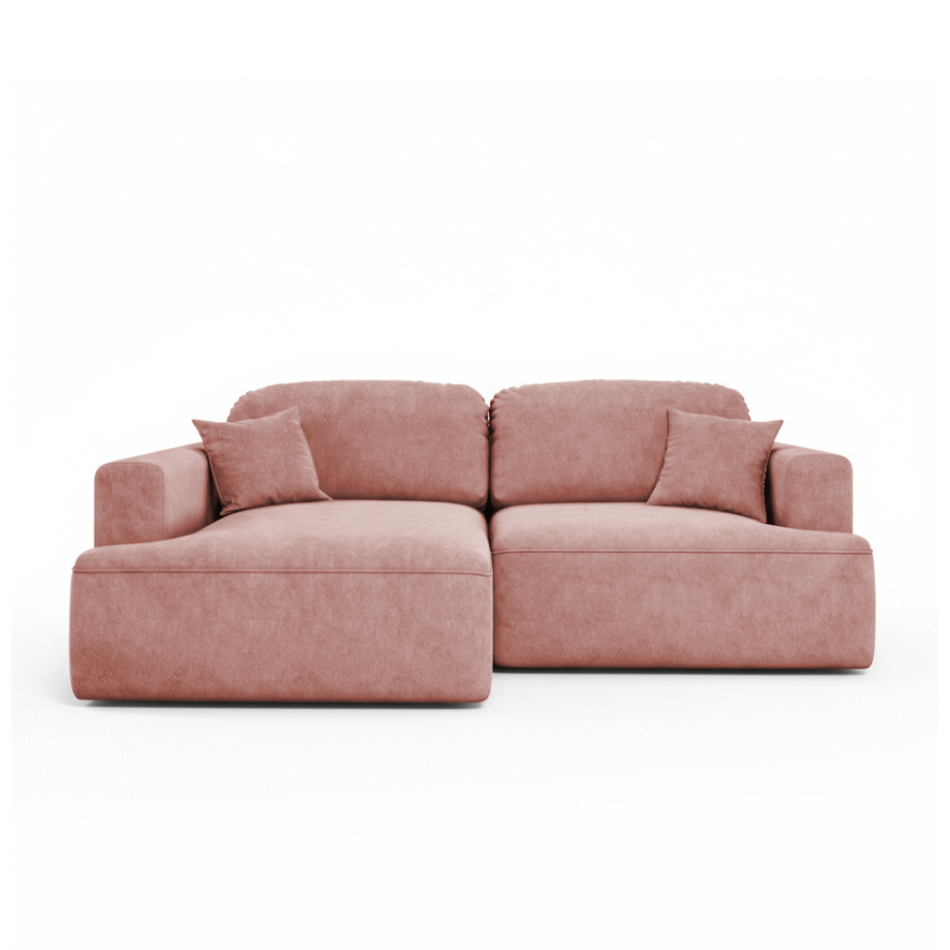 Narożnik z funkcją spania Sunny lewy L-kształtny z pojemnikiem na pościel różowy welur