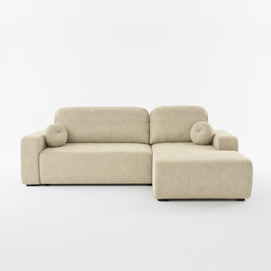 Narożnik z funkcją spania Tori prawy L-kształtny z pojemnikiem na pościel kremowy welur