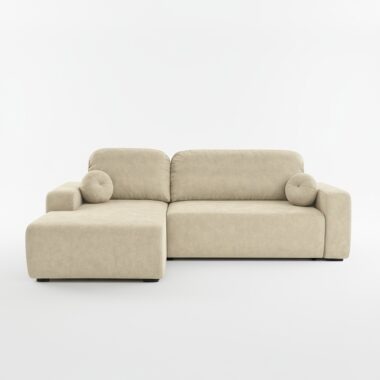 Narożnik z funkcją spania Tori lewy L-kształtny z pojemnikiem na pościel kremowy welur