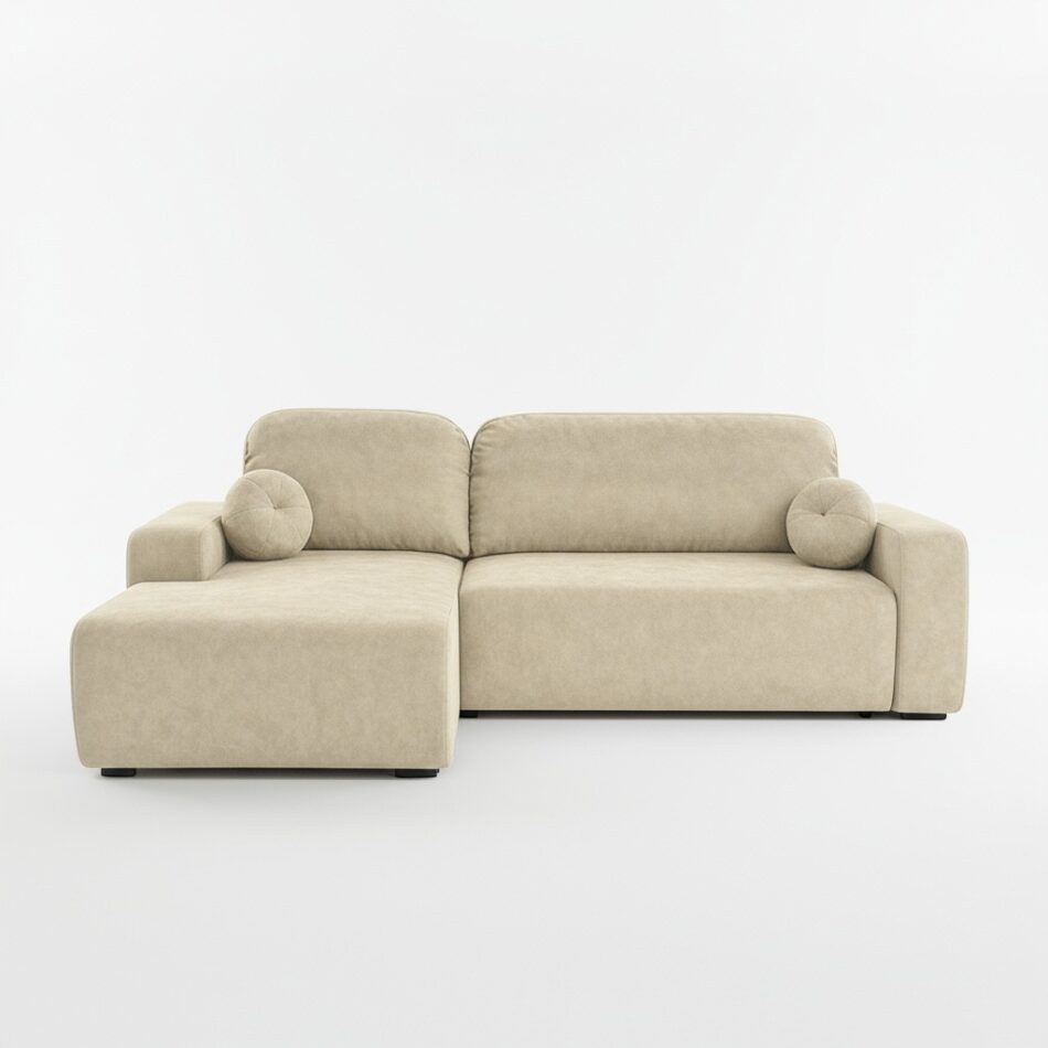 Narożnik z funkcją spania Tori lewy L-kształtny z pojemnikiem na pościel kremowy welur