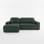 Narożnik z funkcją spania Tori lewy L-kształtny z pojemnikiem na pościel butelkowa zieleń welur