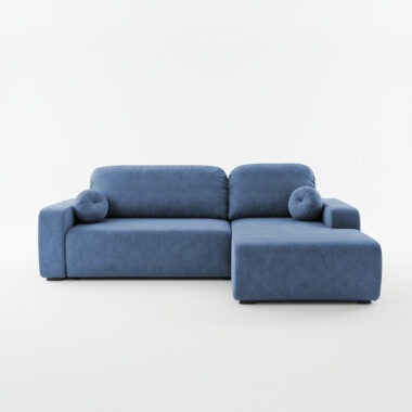 Narożnik z funkcją spania Tori prawy L-kształtny z pojemnikiem na pościel niebieski welur