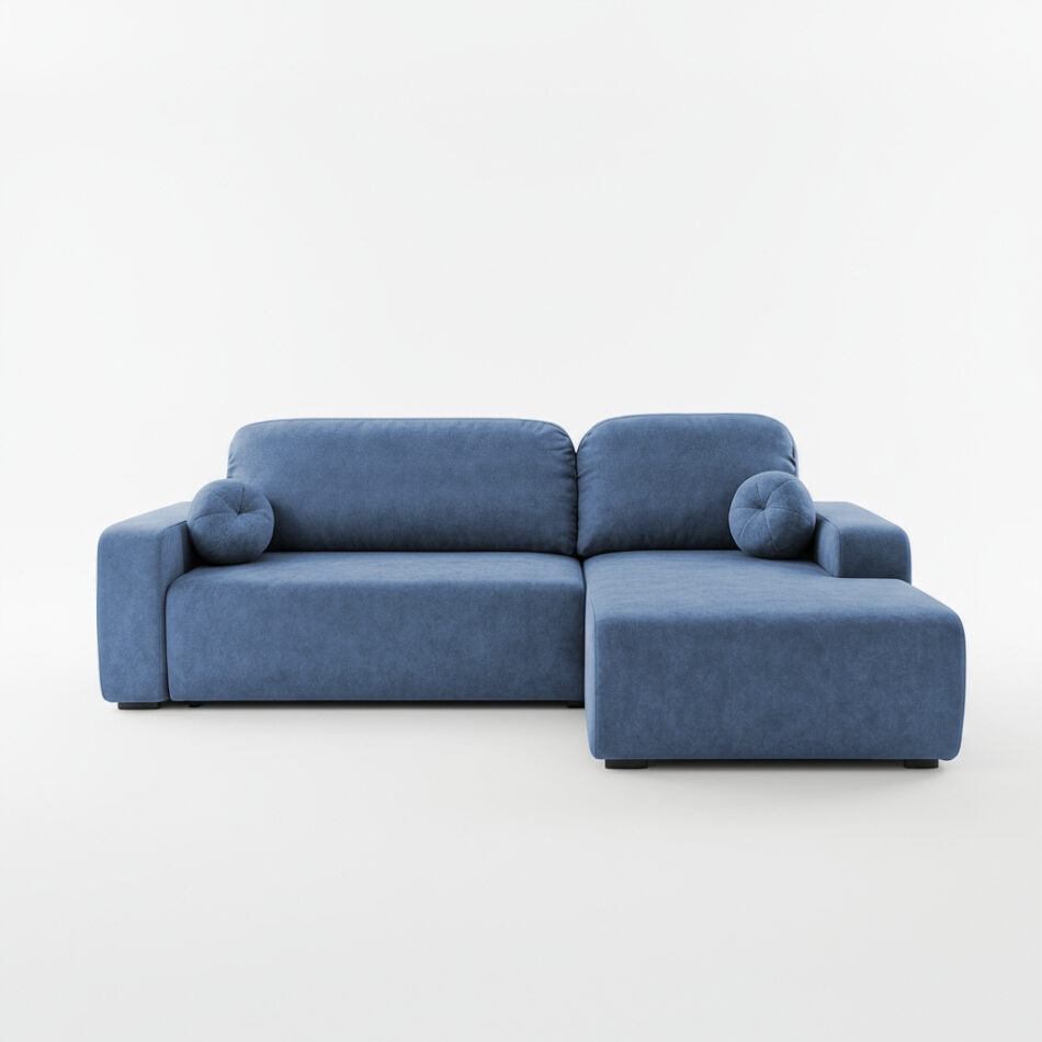 Narożnik z funkcją spania Tori prawy L-kształtny z pojemnikiem na pościel niebieski welur