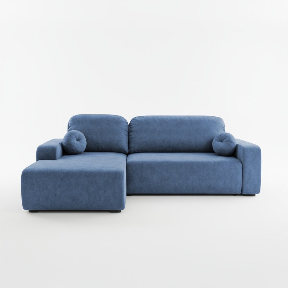 Narożnik z funkcją spania Tori lewy L-kształtny z pojemnikiem na pościel niebieski welur