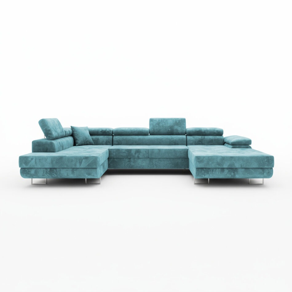 Narożnik z funkcją spania Varberg lewy U-kształtny z pojemnikiem na pościel turkusowy welur
