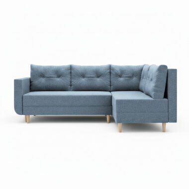 Narożnik z funkcją spania Baldur L prawy z pojemnikiem na pościel niebieska plecionka