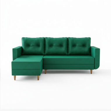 Narożnik z funkcją spania Baldur uniwersalny L-kształtny z pojemnikiem na pościel butelkowa zieleń welur