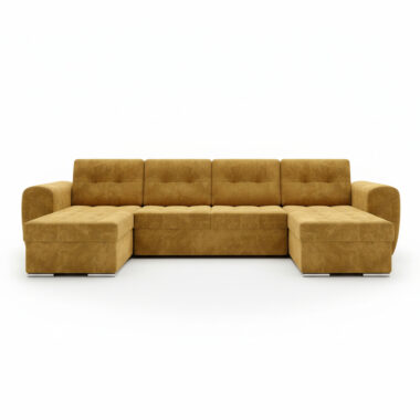 Narożnik z funkcją spania Bari U-kształtny z pojemnikiem na pościel musztardowy welur