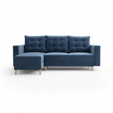 Narożnik z funkcją spania Bergen uniwersalny L-kształtny z pojemnikiem na pościel granatowy welur