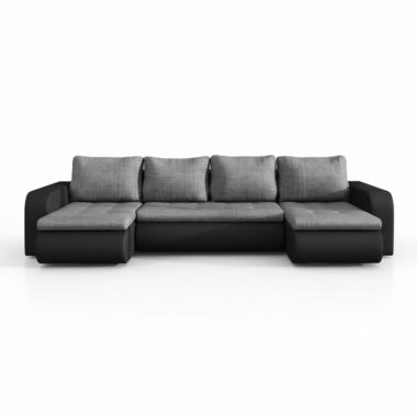 Narożnik z funkcją spania Brooklyn U-kształtny z pojemnikiem na pościel szara plecionka z czarną ekoskórą