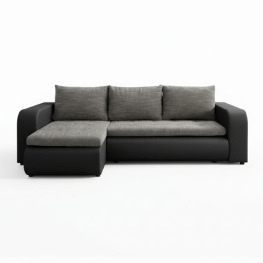 Narożnik z funkcją spania Brooklyn uniwersalny L-kształtny z pojemnikiem na pościel szara plecionka z czarną ekoskórą