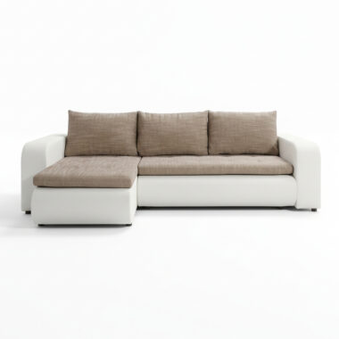 Narożnik z funkcją spania Brooklyn uniwersalny L-kształtny z pojemnikiem na pościel beżowa plecionka z białą ekoskórą