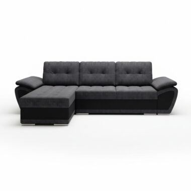 Narożnik z funkcją spania Enzo uniwersalny L-kształtny z pojemnikiem na pościel szary welur z czarną ekoskórą