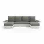 Narożnik z funkcją spania Fly U-kształtny z pojemnikiem na pościel szaro-biały plusz